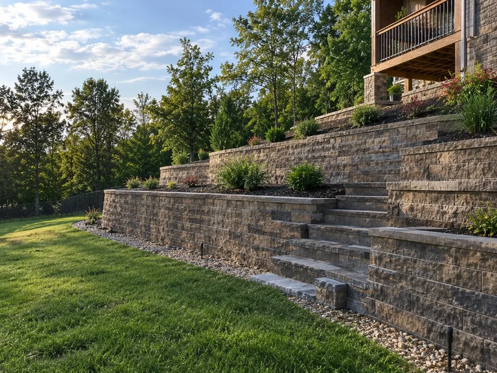 Terraced stone retaining wall with planted beds and steps beside a lawn
